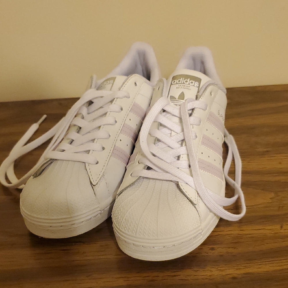 Adidas White and Lilac Superstar Sneakers
